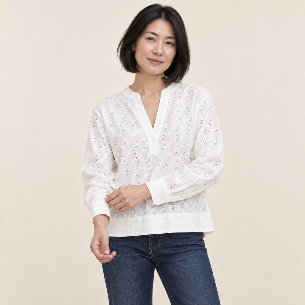 Madewell Eyelet Top WMNS M White Linen Blend V Neck Embroidered Breezy Boho